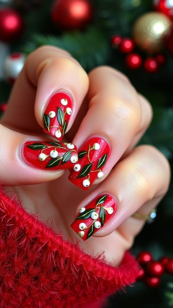 Classy Christmas nails with mistletoe design on red background, featuring white berries and gold accents.